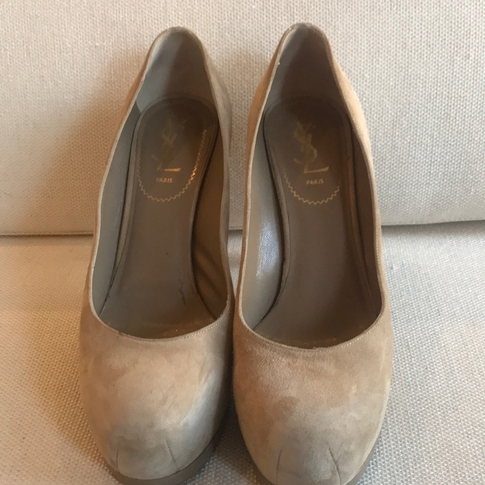 Nude suede YSL platform pumps